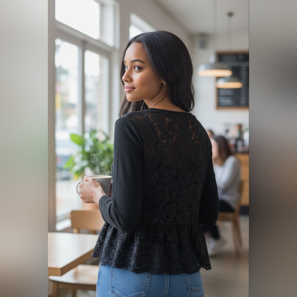 Maison Jules Black Lace Peplum Blouse Cardigan Topper Jrs Sz L Black Whimsigoth